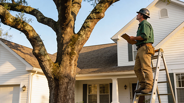 arborist surveying a tall tree in a Marietta Georgia yard next to a house