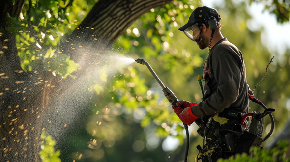 arborist spraying insecticide onto an elm tree and leaves