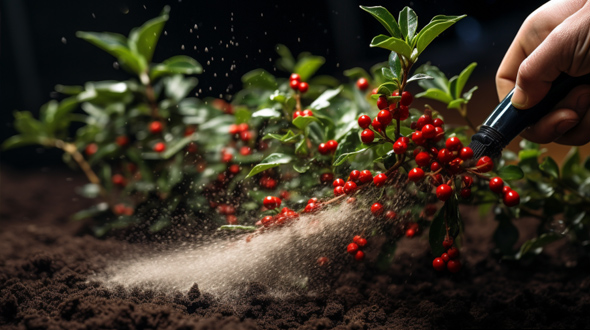 spreading slow-release fertilizer to a holly tree