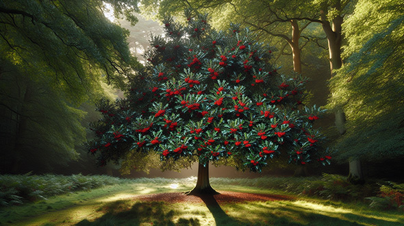holly tree with bright red berries in full sun