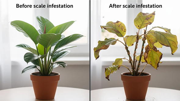 side-by-side comparison of indoor plant before and after scale insect infestation