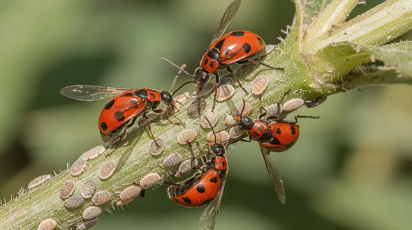 lady beetles and parasitoid wasps, actively feeding on scale insects
