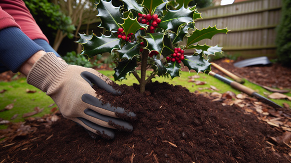 mulching around a holly tree to retain soil moisture