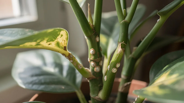 plant exhibiting early signs of scale infestation, slight yellowing of the leaves and small bumps on stems