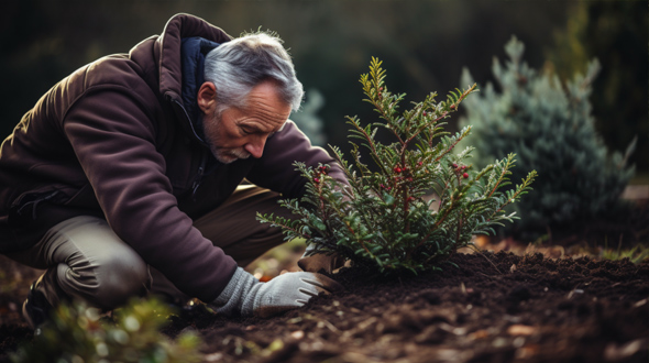 planting a holly tree with well-rotted manure in the background