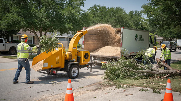 wood chipper processing tree branches, with crew members working nearby