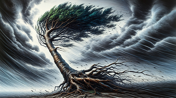 young tree leaning due to strong winds